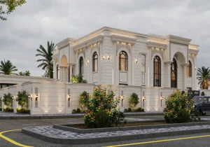 واجهة فيلا نيوكلاسيك الخرج، حي النخيل، تصميم خارجي فاخر، مكتب المحايد للاستشارات الهندسية.