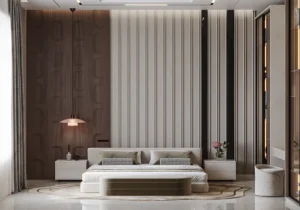 تصميم غرفة نوم مودرن، ديكورات خشبية للجدران، إضاءة غرف نوم، تصميم حمامات مودرن، مكتب المحايد للاستشارات الهندسية.