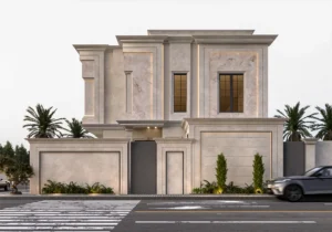 تصميم واجهة فيلا مودرن, فيلا سكنية حي مشرفة, الهياثم, تصميم خارجي, مكتب المحايد للاستشارات الهندسية.